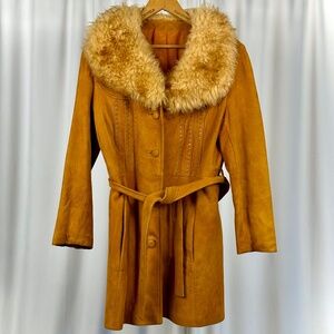 Vintage 1960’s Soft Suede Penny Lane Belted Trench Coat with Shearling Fur - M